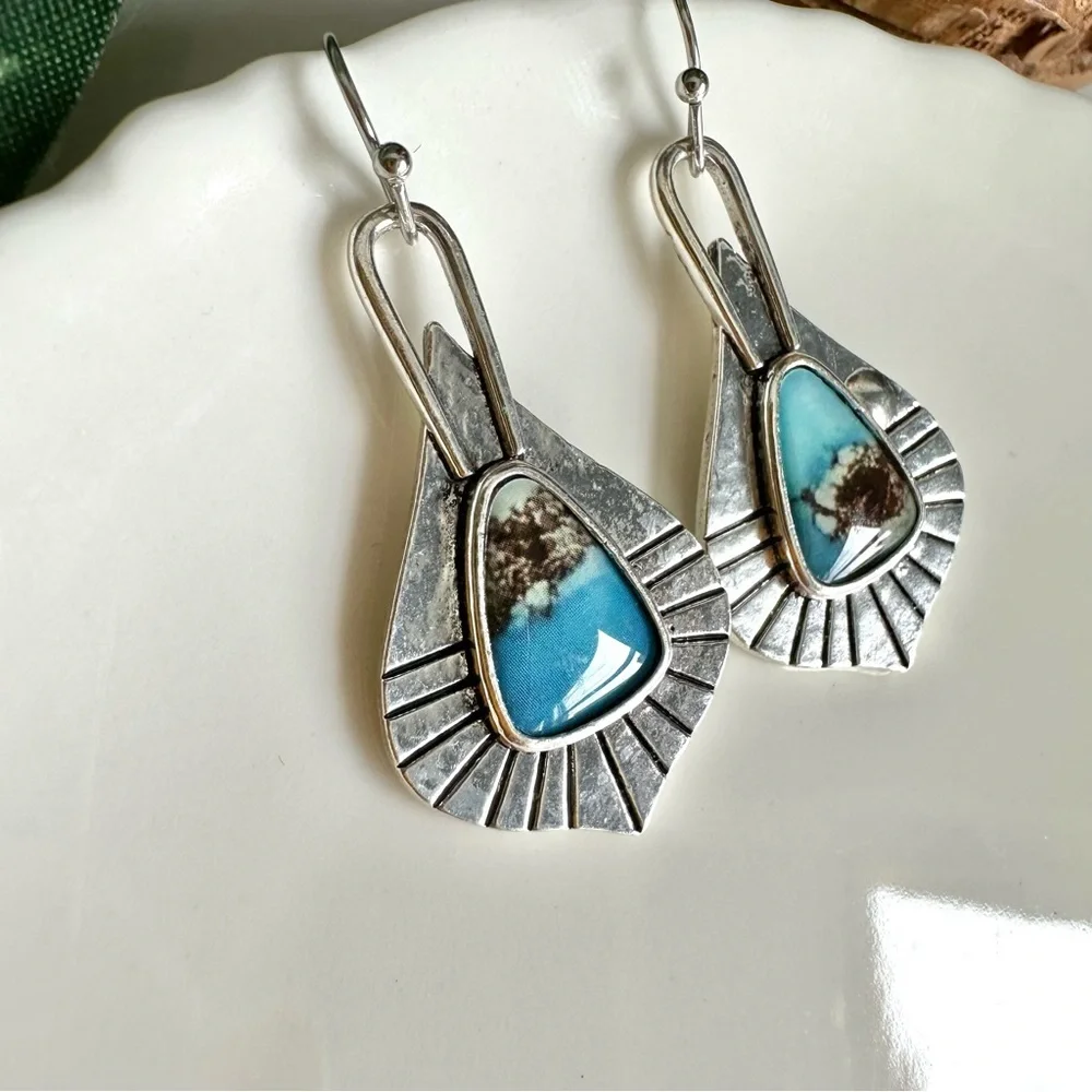 3/$22🩶 Silver Faux Turquoise Stone Earrings Teardrop Etched Southwestern NEW